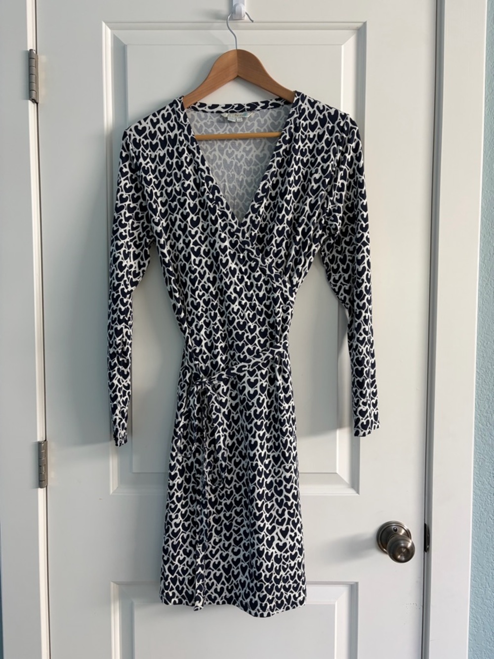 Boden Navy Blue and White Heart-Print Wrap Dress
